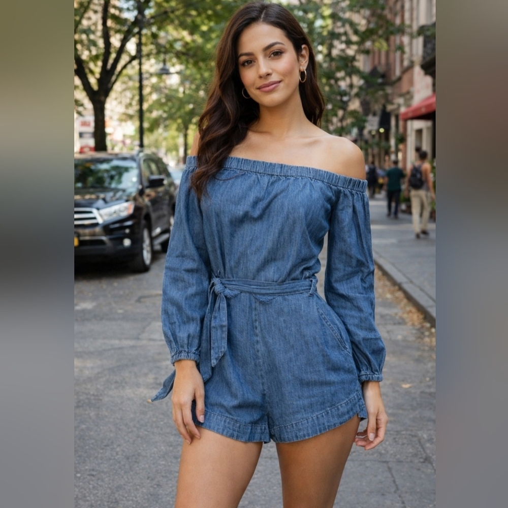 Free People Tangled In Willows Blue Chambray Romper